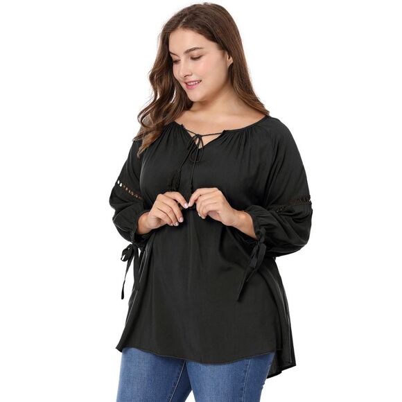 Women's Plus Size Raglan Sleeves Hollow Out Tie Neck Tunic Peasant Tops Black - Picture 2 of 6